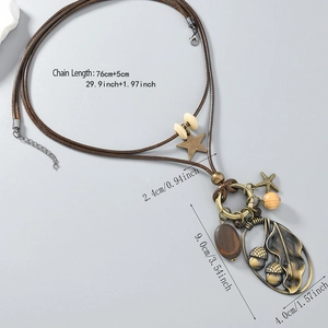 Collier style vintage forêt avec pendentif feuille en bronze et cordon de cire
