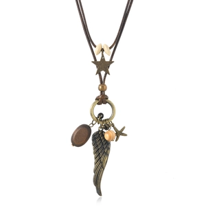 Bohemian Vintage Bronze Alloy Feather Starfish Pendant Long Necklace With Wood Beads Wax Cord Unisex Fashion Jewelry