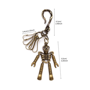 Vintage punk skull keychain with bronze skeleton pendant and multi-hook waist accessory