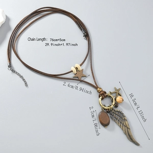 Retro multi-layer long sweater necklace with bronze feather, stars and 76cm woven cord