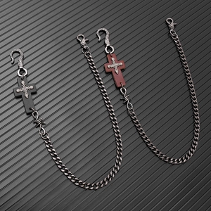 Retro punk metal layered waist chain with gothic leather cross and skull charms