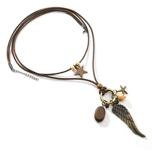 Bohemian multi-layer leather necklace with bronze feather and star charms on white background