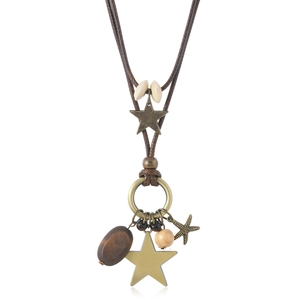 Bohemian Vintage Star Starfish Pendant Necklace For Women Long Wax Cord Alloy Wood Bead Sweater Chain Jewelry Accessory