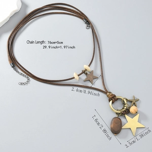 Bohemian vintage star pendant necklace with long brown wax cord and size markings