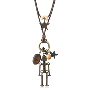 Retro Punk Robot Pendant Necklace Vintage Bronze Alloy Wood Bead Multi Layer Wax Cord Sweater Chain For Women Men Jewelry