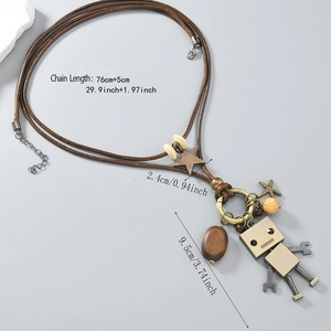 Vintage movable robot pendant necklace with brown cord and star charms 76cm chain