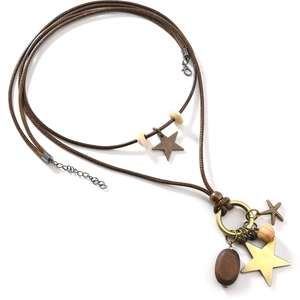 Retro multi-layer star necklace with bronze pendants and brown wax rope for women