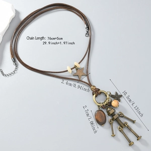 Retro robot pendant sweater necklace with star and wooden beads on brown wax cord