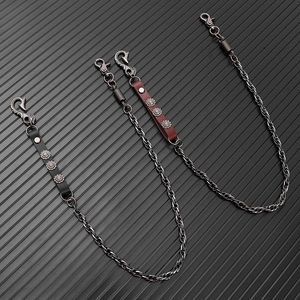 Retro punk metal pants chain with leather straps and sunflower embossed metal studs