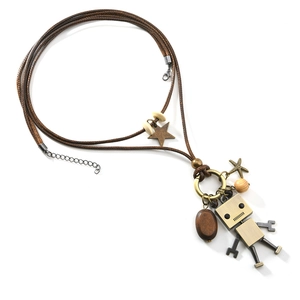 Retro vintage movable robot pendant necklace with wooden beads on braided leather rope