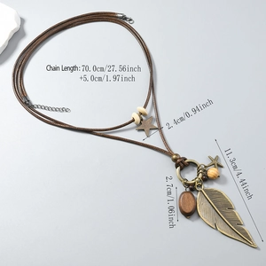 Retro lange Pulloverkette mit Bronze-Blatt, Stern-Anhänger und brauner Flechtkordel