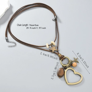 Collier long coeur rétro avec cordon tressé et pendentifs bronze style Zen