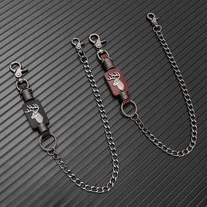 Punk style pants chain set with deer head metal logo and leather detail in gunmetal finish