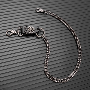 Hip-hop skull metal pants chain with silver finish and black leather skull badge detailing