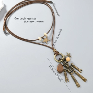 Retro skeleton pendant necklace with wooden beads and starfish detail on grey background