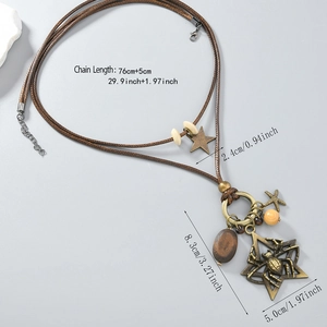 Vintage bohemian long sweater chain with bronze spider star pendant and wooden beads