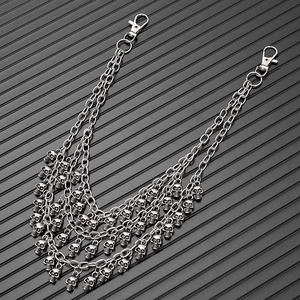 Punk multilayer silver metal pant chain with skull charms and lobster clasps for jeans
