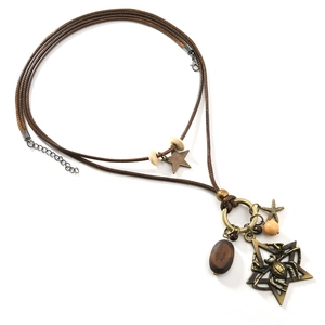Vintage bohemian spider pendant long sweater chain with star charms and wooden beads