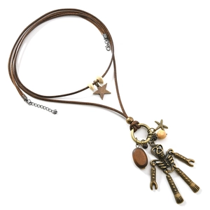 Retro punk long necklace featuring bronze skull pendant and star with brown braided ropes
