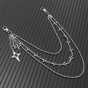 Three-layer silver star waist chain with punk style metal links and lobster clasps
