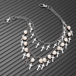 Hip-hop silver trousers chain with multilayer metal links, cross and skull pendants