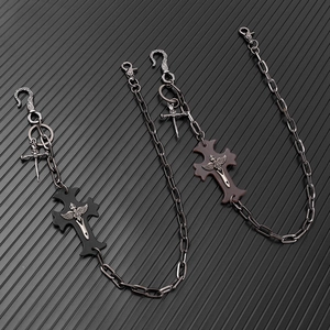 Gothic punk metal waist chain with cross pendant and skull hook for jeans