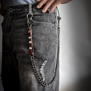 Punk style Cuban metal waist chain with brown leather and silver rivet detailing
