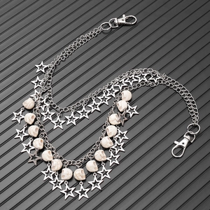 Punk silver double-layer trousers chain with hollow stars and white marble skull pendants