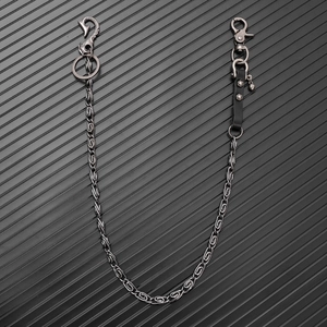 Industrial punk metal pants chain featuring engraved dragon hook and black rivet leather strap