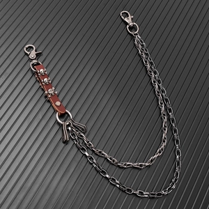 Double-layered hip hop waist chain with skull studs on brown leather for jeans