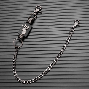 Detail of gunmetal punk waist chain with silver deer head emblem and lobster clasps