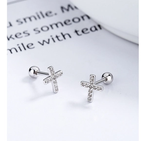 Detail of 925 silver cross earrings with paved zircons and secure screw back closure