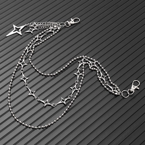 Silver multi-layer star waist chain with metal links and lobster clasps for punk style