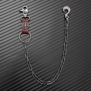 Detail of punk wallet chain featuring eagle hook and skull badge on leather
