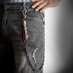 Punk style pants chain with sunflower rivets on leather strap and silver metal link