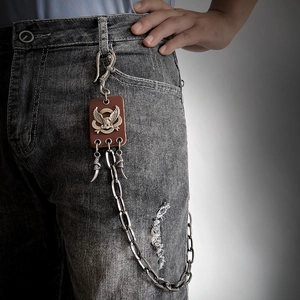 Hip hop punk eagle claw trousers chain with vintage brown leather and silver metal links