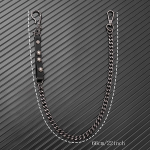 66cm punk metal waist chain with vintage rivets and black leather for jeans