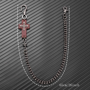 Retro punk metal pants chain with leather cross and skull charms, 65cm 26inch length