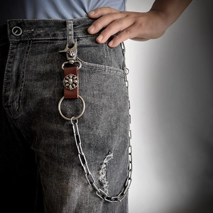 Gothic punk metal waist chain with brown leather skull detail and silver lobster hooks