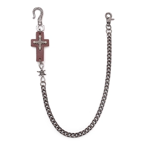 Retro punk hip-hop waist chain with silver metal links, leather cross and skull charms