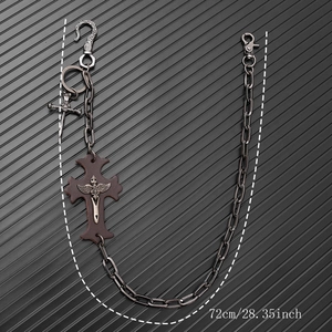 72cm Gothic silver metal waist chain with cross leather patch and skull pendant