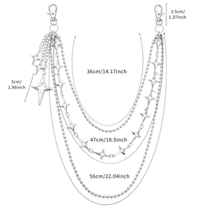 Three-layer silver star waist chain with dimensions for hip hop punk fashion style