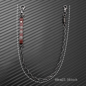69cm Punk style wallet chain with dark metal links and sun-patterned leather accents