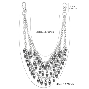 Multi-layer skull punk wallet chain in silver alloy with measurements and lobster clasps