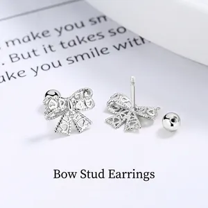 925 Sterling Silver Bowknot Stud Earrings For Women Hollow Heart Design Screw Back Ball Small Sweet Jewelry