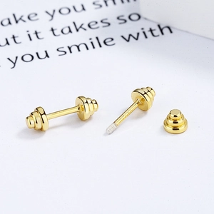 925 Sterling Silver dumbbell stud earrings with gold finish and secure screw back design