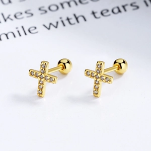 925 silver gold cross stud earrings with sparkling cubic zirconia and ball back closure