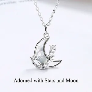 Collana Pendente Luna Argento Sterling 925 Con Madreperla Bianca E Stella Zircone Catena Clavicola Per Donna Elegante
