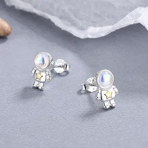 Astronaut S925 sterling silver stud earrings with moonstone finish and star detail