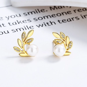 Boucles d'Oreilles Clous en Argent Sterling 925 Branche d'Olivier et Künstliche Perle Élégante Feuille Zircone Cubique Bijoux Minimalistes pour Femme Cadeau